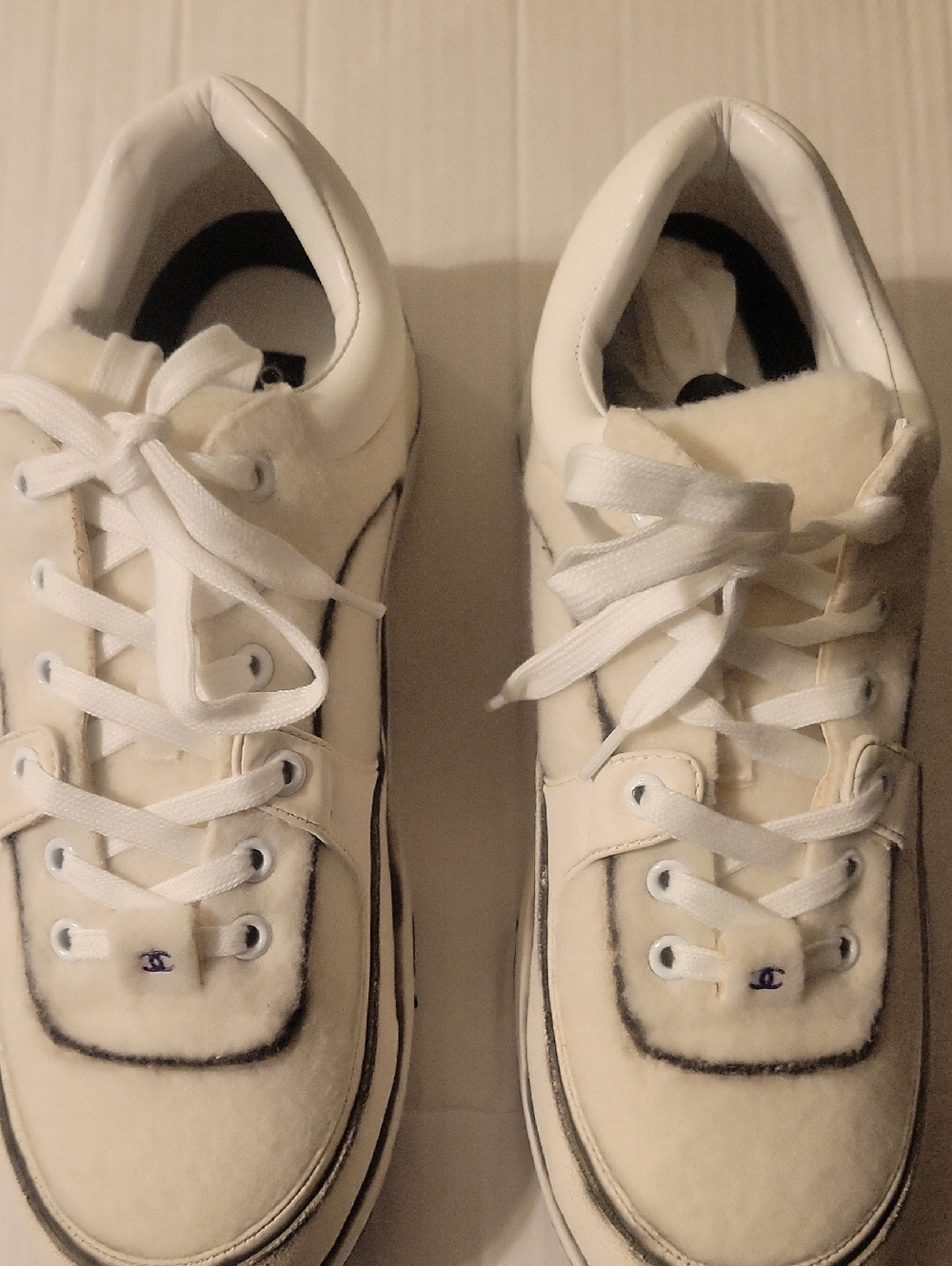 CHANEL Cream Quilted Lace-Up Sneakers with CC Charm